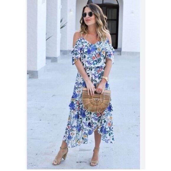 Parker Kam Silk Floral Cold Shoulder Tiered Midi Dress Asymmetrical Small Women - Picture 1 of 16